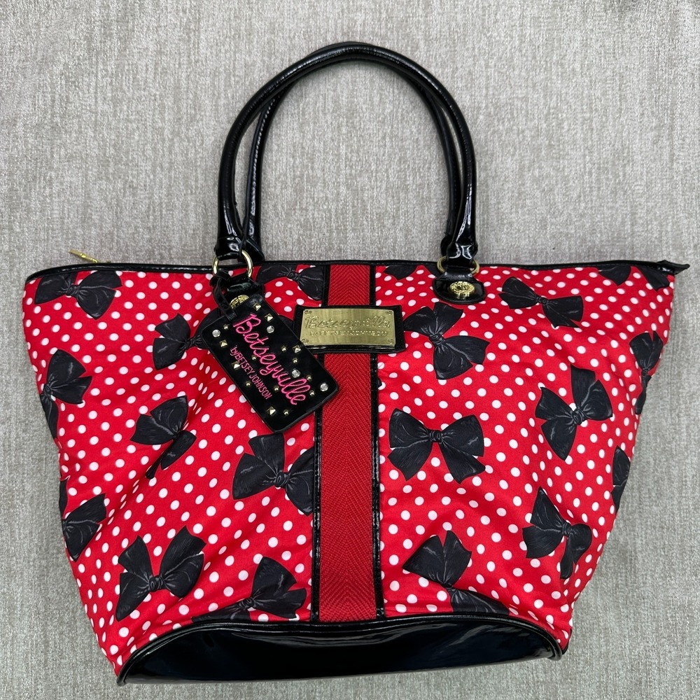 Vintage Betseyville Betsey Johnson Polka Dot Bow Red Black Large Tote Bag EUC